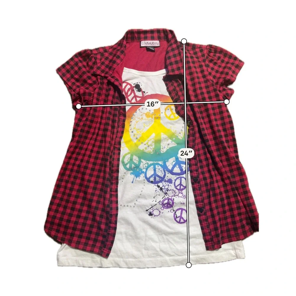 LA Kitty Girls XL Red Plaid Peace‎ Sign Graphic Layered Top Y2K 100% Cotton